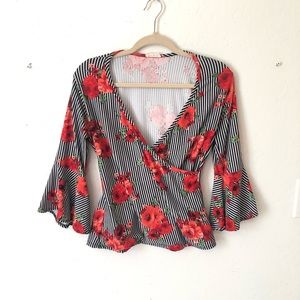 PINC 3/4 Sleeve Floral Stripe Crossbody Top XL